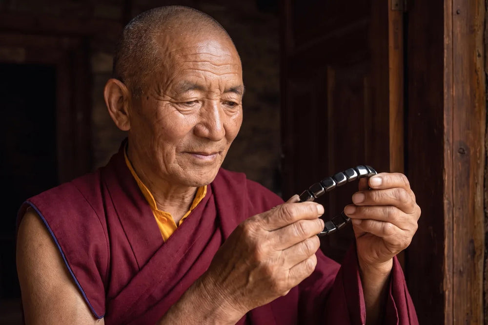 An old monk in a maroon robe holds up the black hematite bracelet in a dim wooden doorway