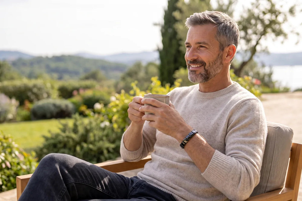 A relaxed man in his fifties with a coffee mug on a sunny terrace, the black bracelet on his wrist