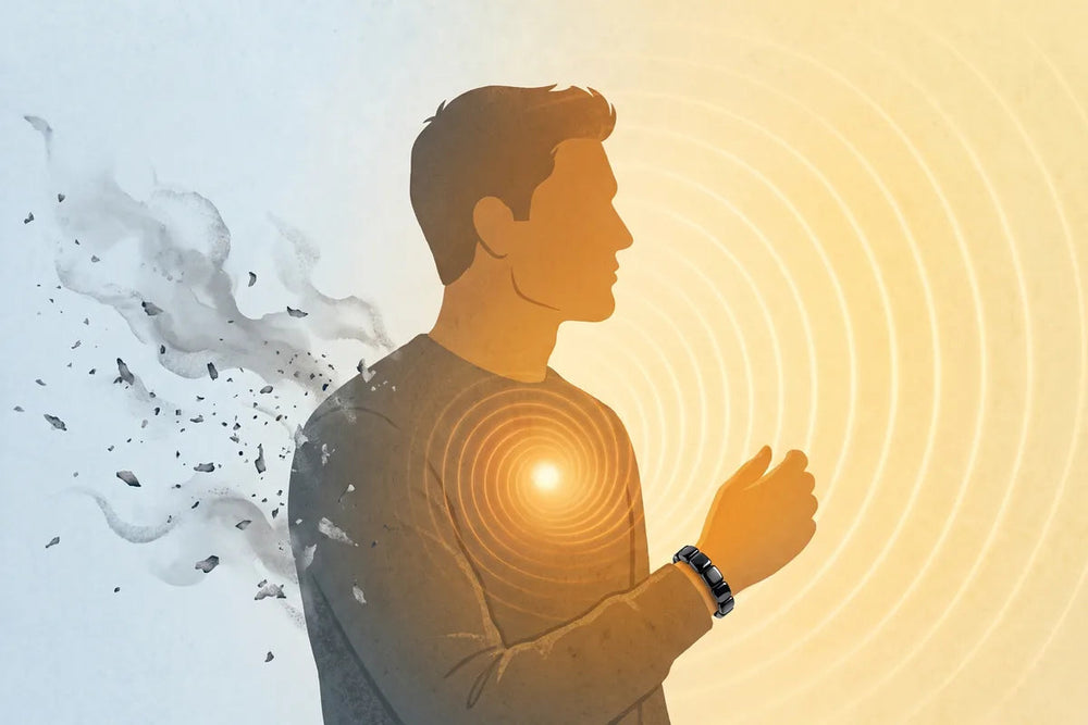 Drawing of a man in profile, gray ash drifting off one side and a warm ember glowing in his chest on the other