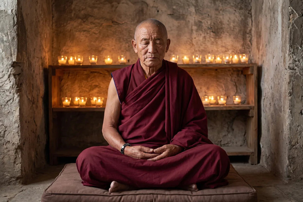 An old monk sits in quiet thought by candlelight in a bare stone room, the black bracelet on his wrist