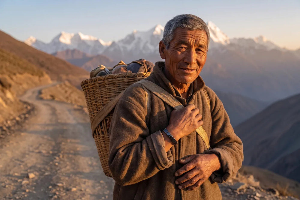 A Himalayan porter on a mountain road at golden hour, a basket on his back and the black bracelet on his wrist