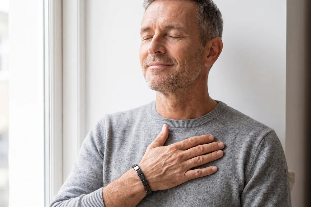 A man in a gray sweater by a bright window, one hand resting over his heart, eyes closed