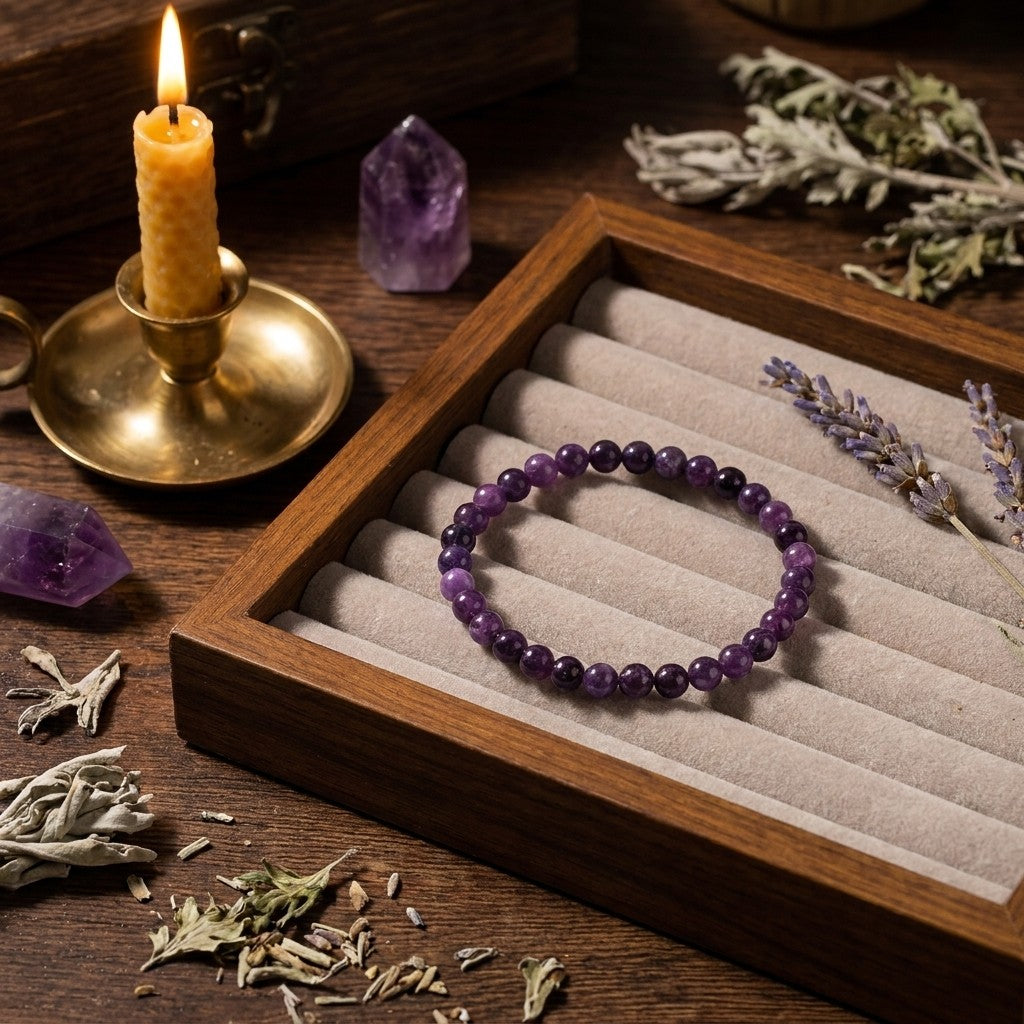 Amethyst Calm Bracelet - styled on a vanity tray