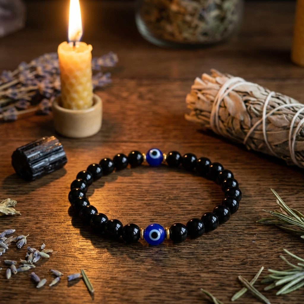 Evil Eye & Black Tourmaline Bracelet - styled on a vanity tray