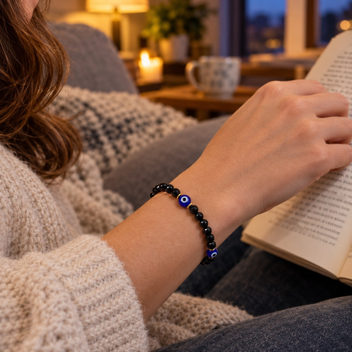Evil Eye & Black Tourmaline Bracelet - worn