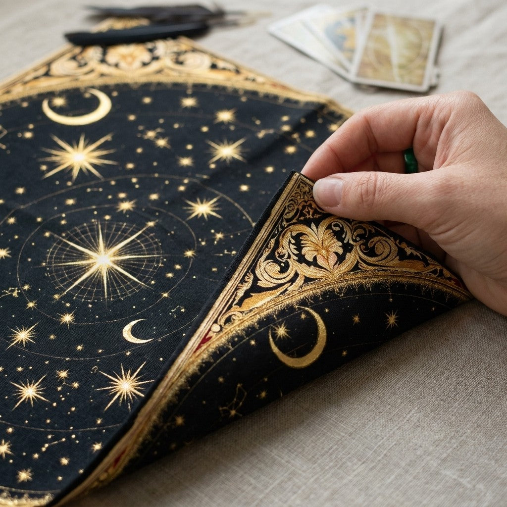 Gold Constellation Tarot Cloth - held in hand for scale