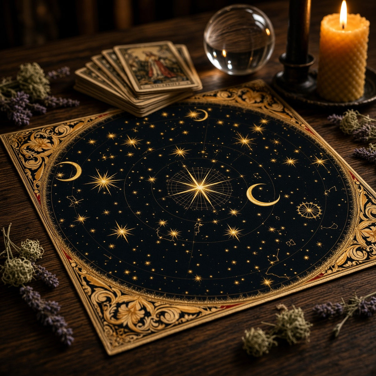 Gold Constellation Tarot Cloth - styled on an altar