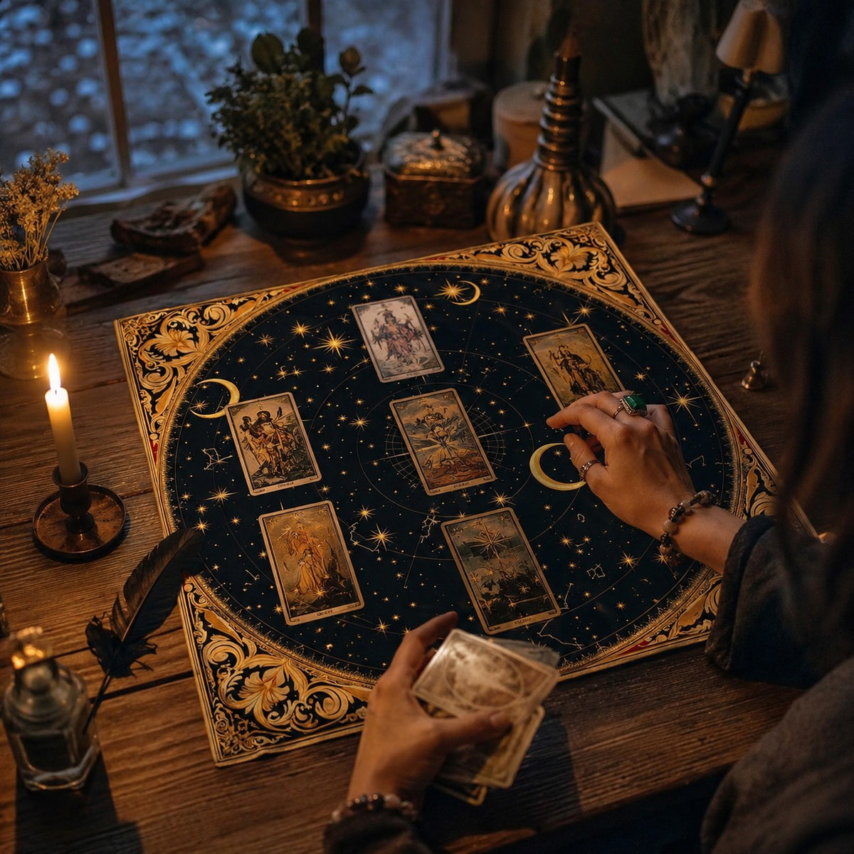Gold Constellation Tarot Cloth - in use