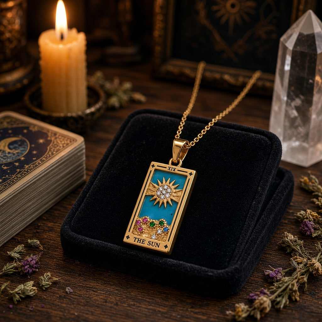 Gold Tarot Card Pendant Necklace - styled on a vanity tray