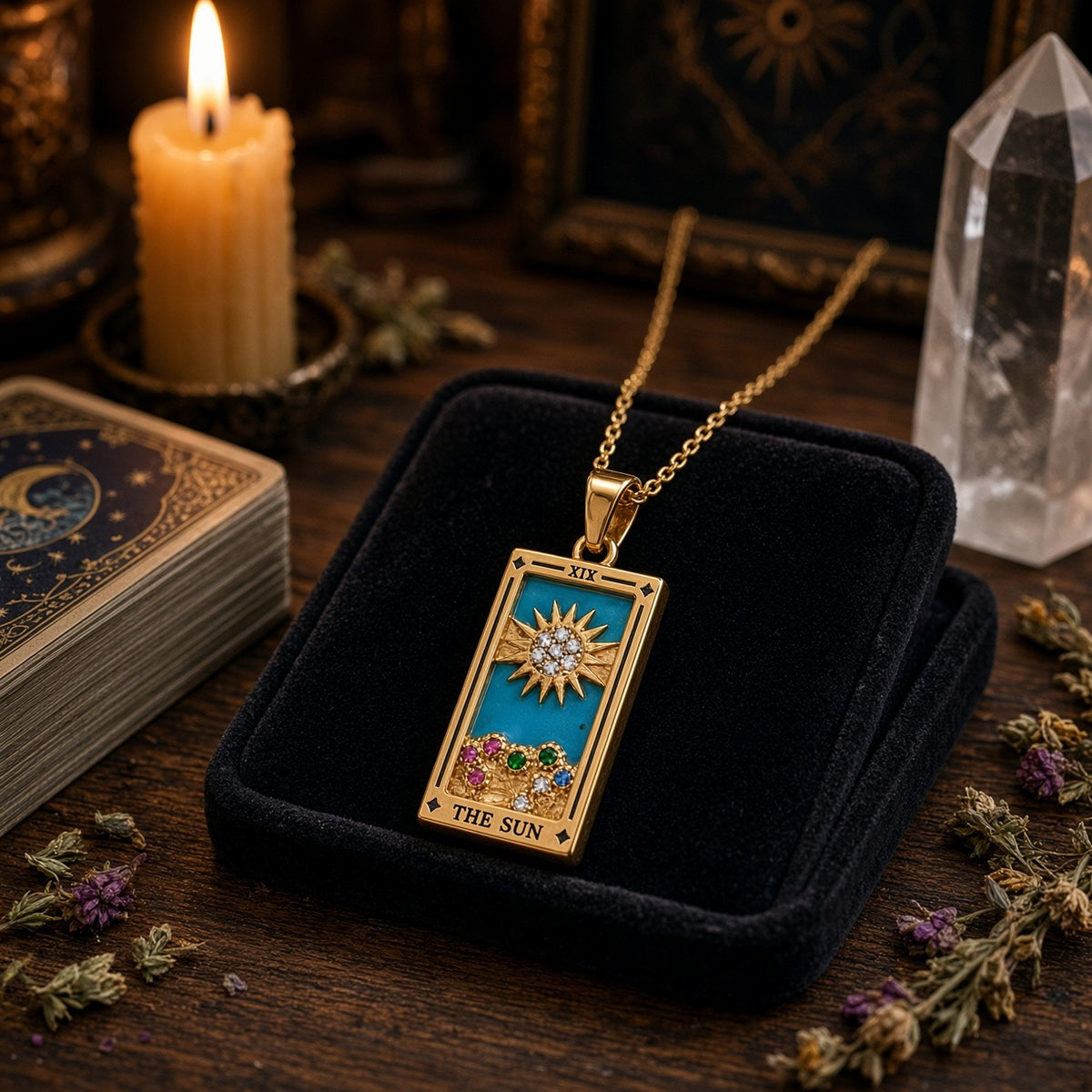 Gold Tarot Card Pendant Necklace - styled on a vanity tray