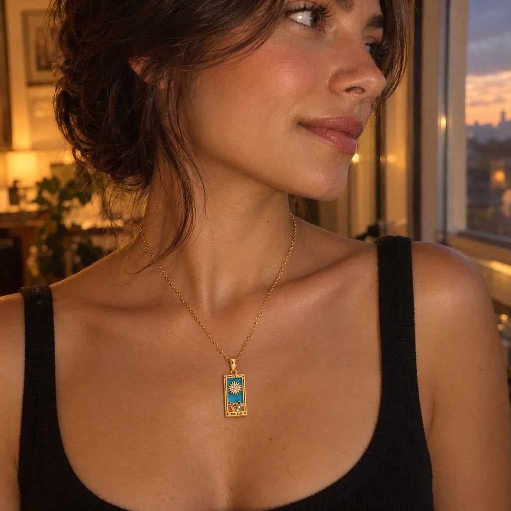 Gold Tarot Card Pendant Necklace - worn