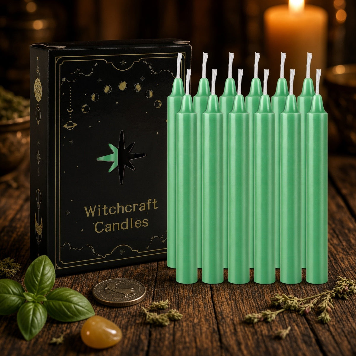 Green Ritual Candles (12 pack) - styled on an altar