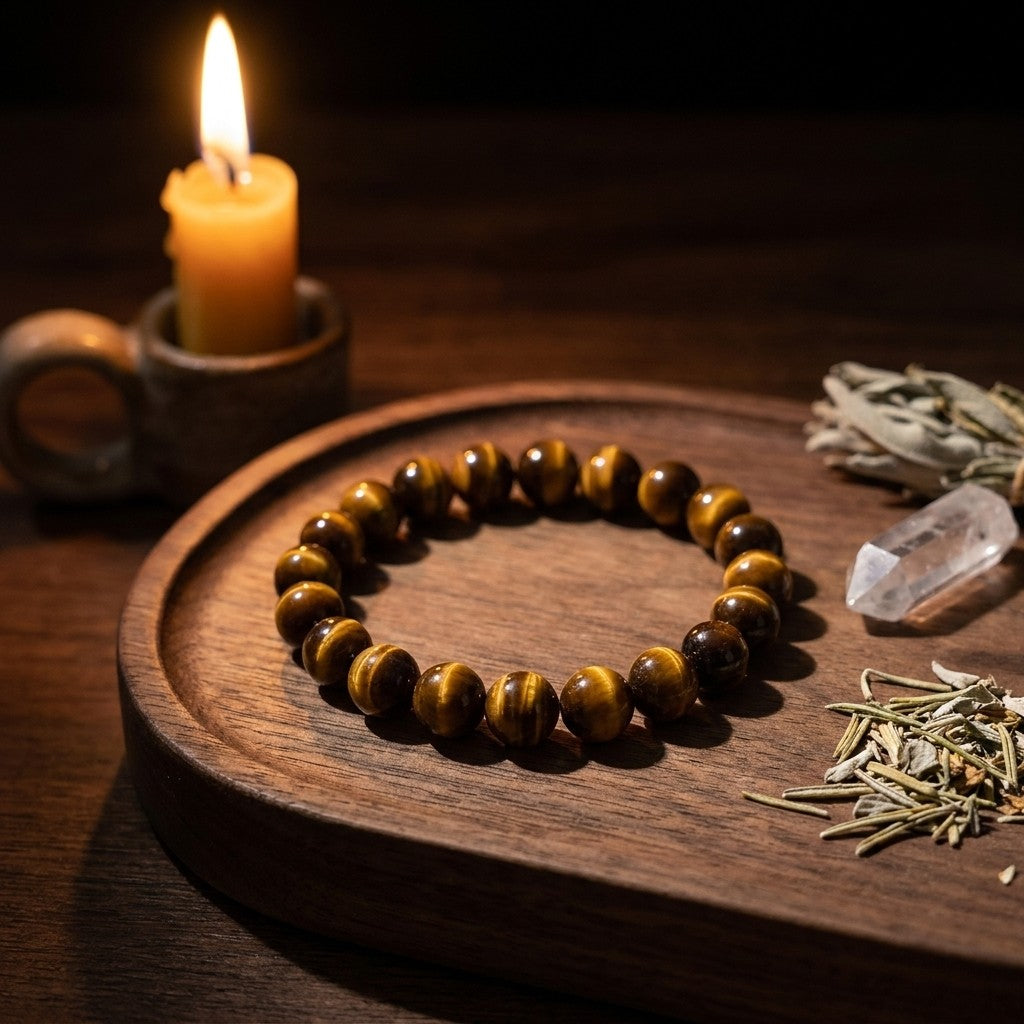 Intention Crystal Bead Bracelet - styled on a vanity tray