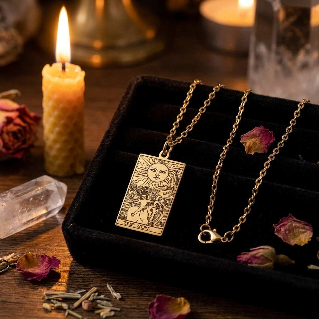 Major Arcana Tarot Card Necklace - styled on a vanity tray