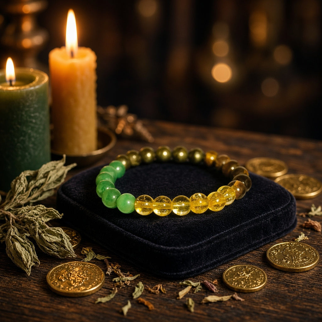 Money & Abundance Bracelet - styled on a vanity tray
