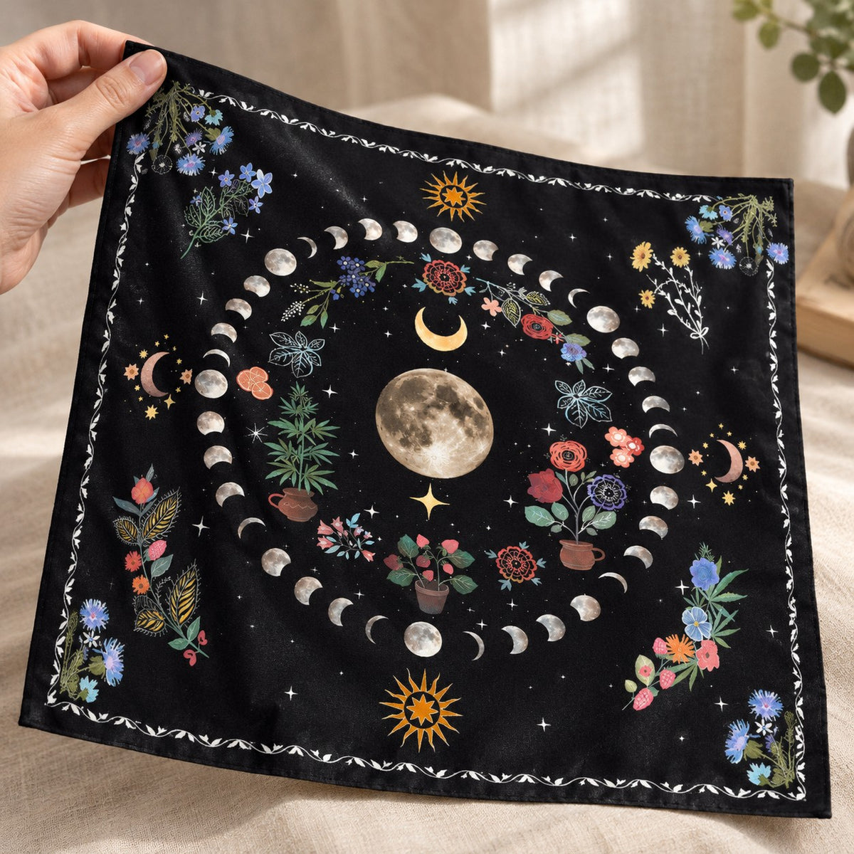 Moonlight Flower Tarot Mat - held in hand for scale