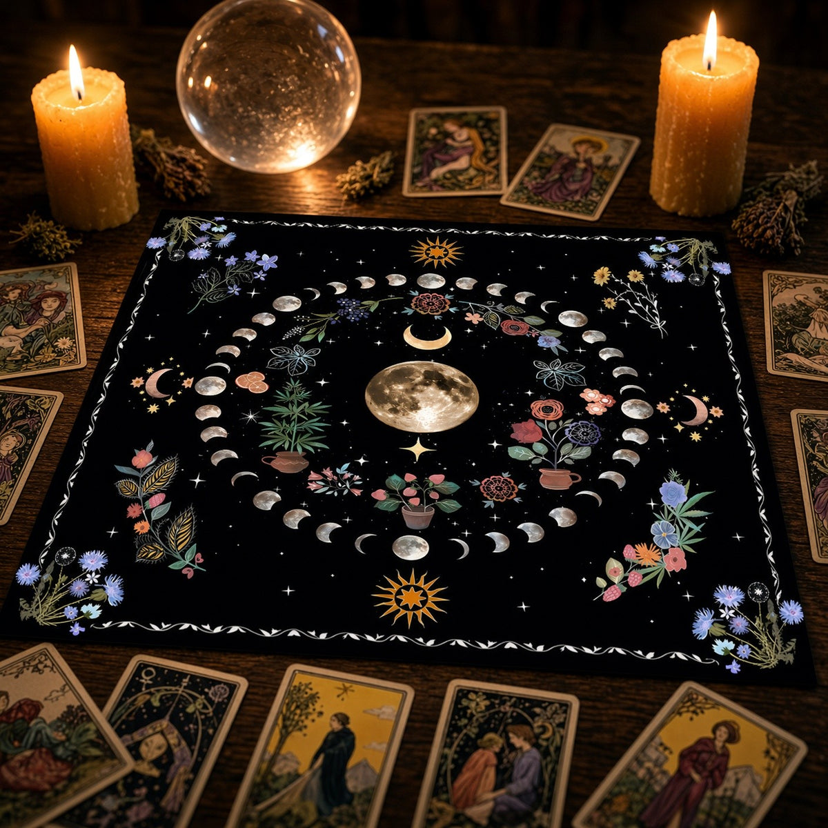 Moonlight Flower Tarot Mat - styled on an altar