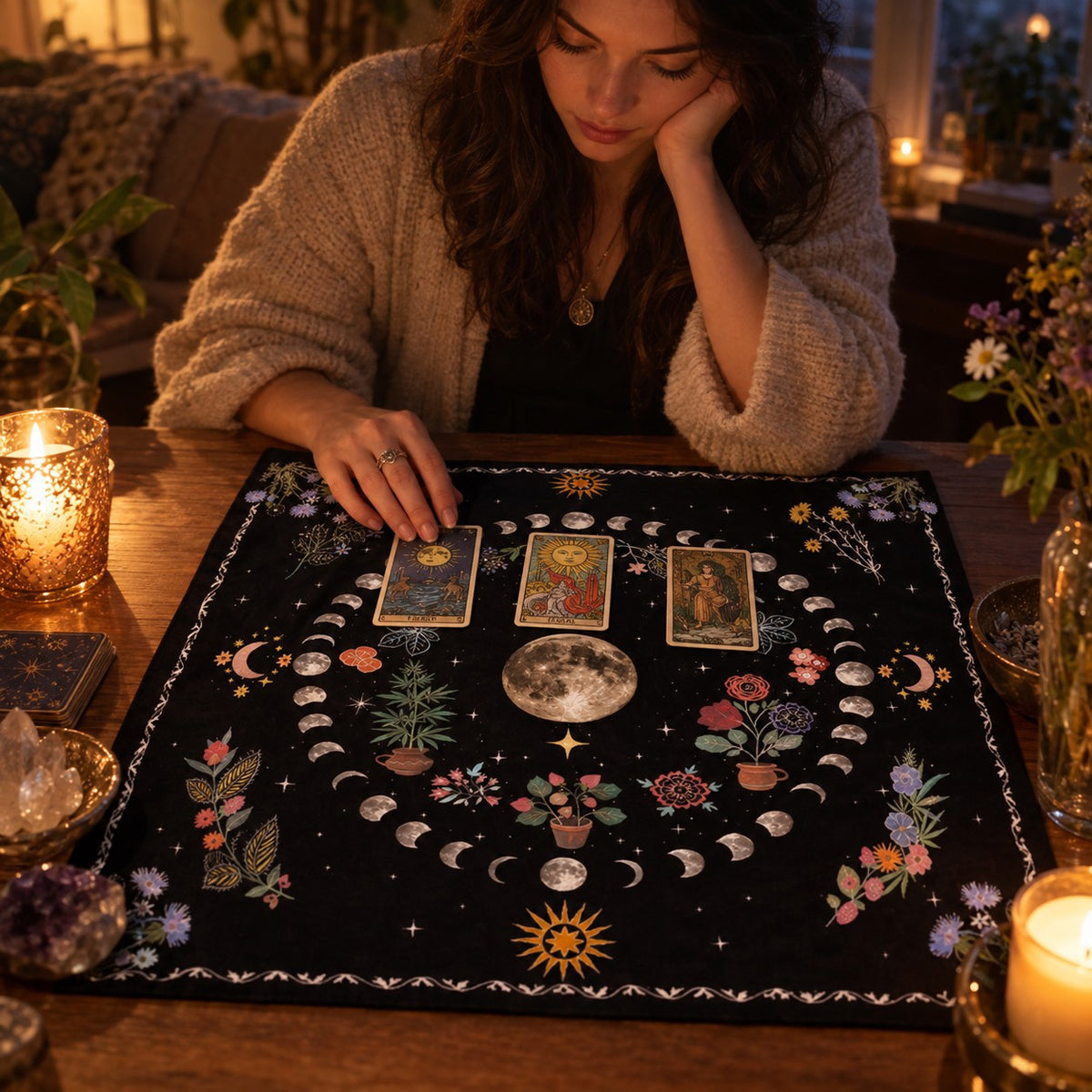 Moonlight Flower Tarot Mat - in use