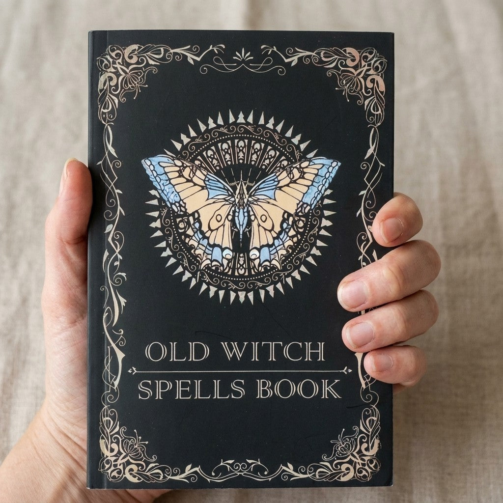 Old Witch Spells Book - held in hand for scale