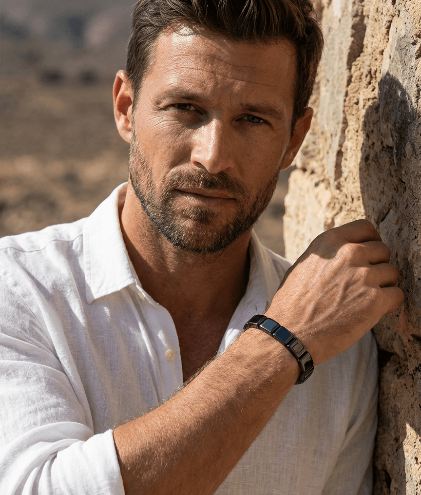 Man wearing the Ironmark hematite bracelet