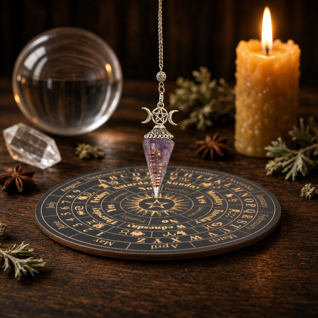 Spirit Pendulum + Divination Disc - styled on an altar