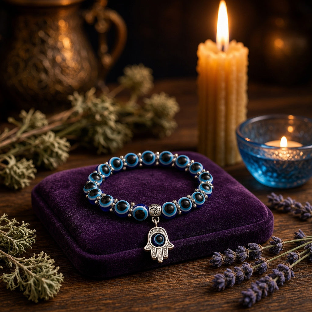 Turkish Evil Eye Charm Bracelet - styled on a vanity tray