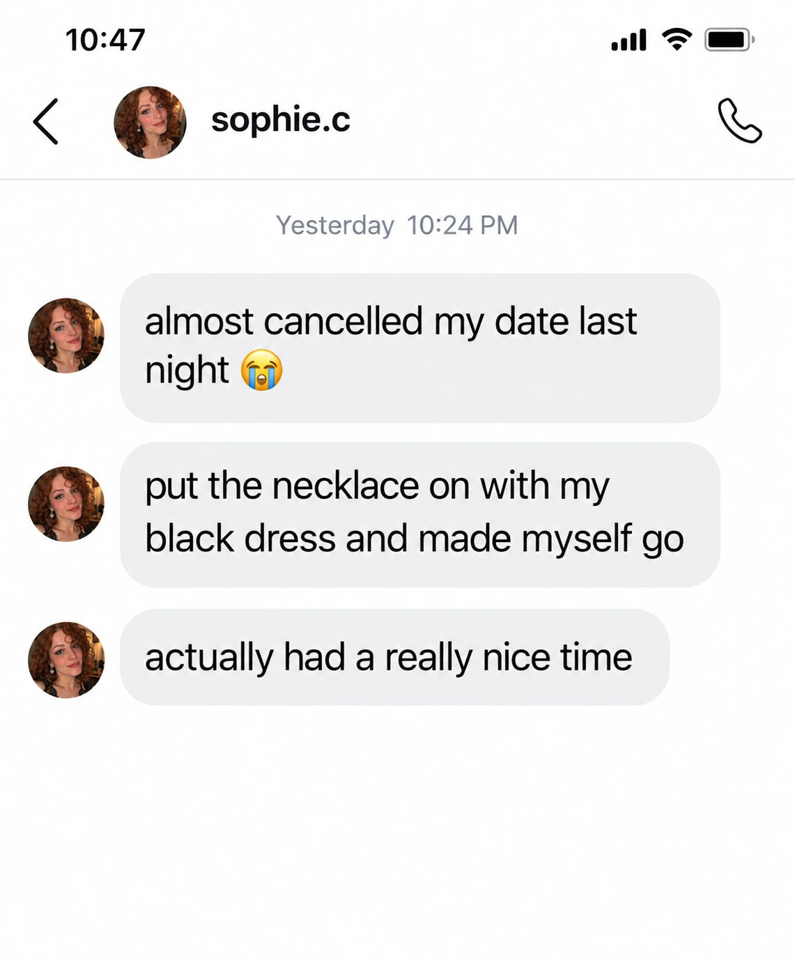 sophie.c: almost cancelled my date last night 😭
put the necklace on with my black dress and made myself go
actually had a really nice time