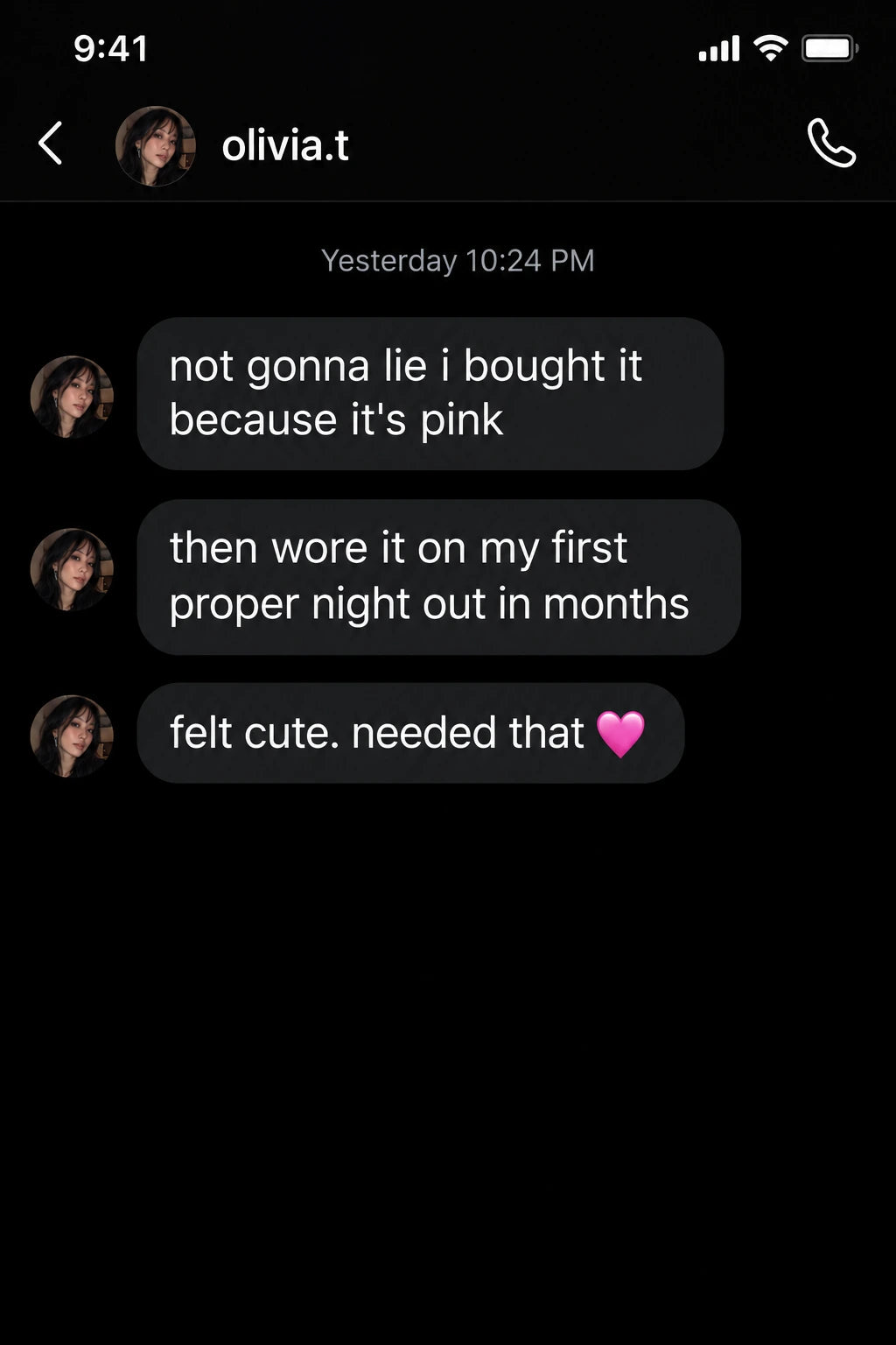 olivia.t: not gonna lie i bought it because it's pink
then wore it on my first proper night out in months
felt cute. needed that 🩷