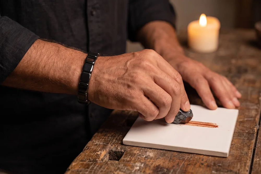 A man's hand draws a rust-red streak across a white tile with a raw hematite stone, the black bracelet on his wrist